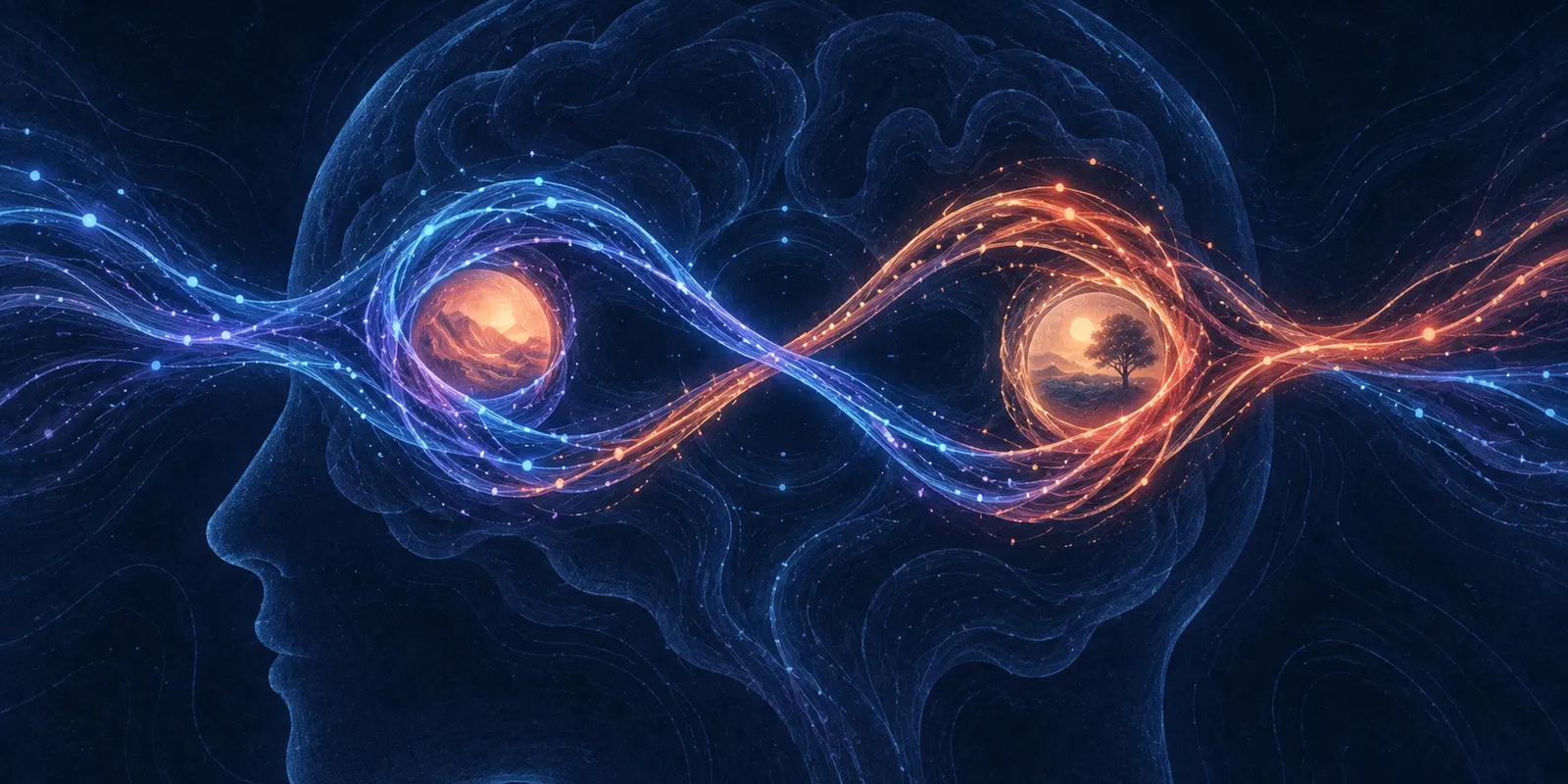 A head in profile with glowing blue and orange threads looping through it in an infinity shape