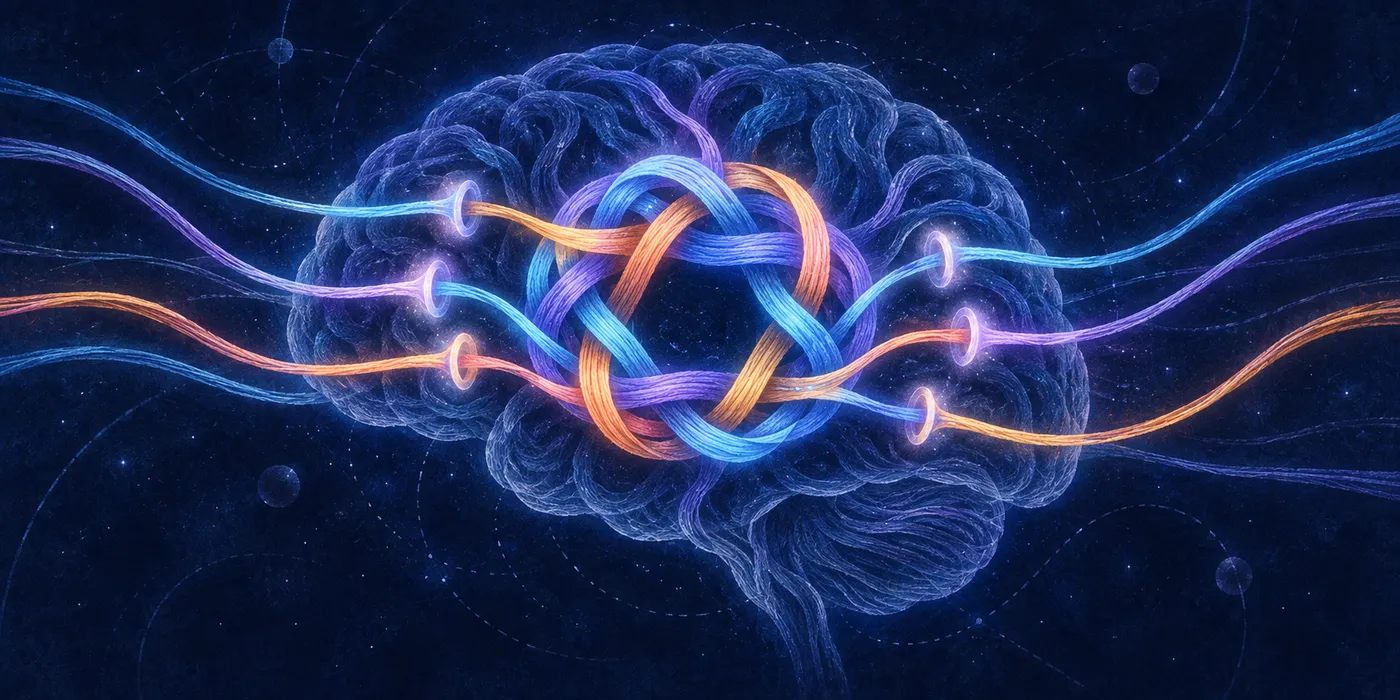 Abstract illustration of a woven knot of glowing threads